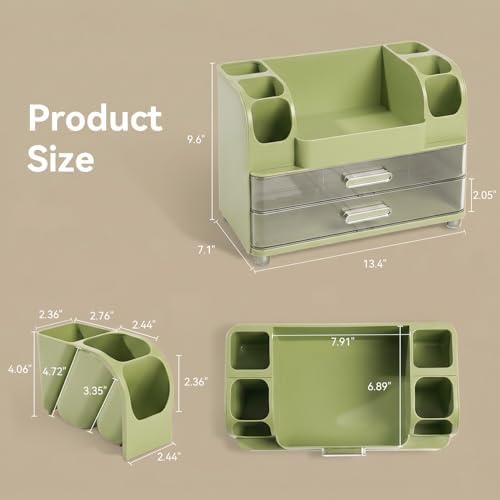 Makeup Organizer for Vanity with 2 Large Drawers and 6 Brush Holders, Green
