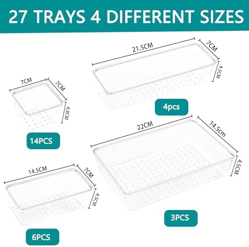 27 PCS Clear Drawer Organizer Set, 4 Sizes Desk Drawer Storage Bins, Divider Trays for Makeup, Vanity, Bathroom, Kitchen, Office