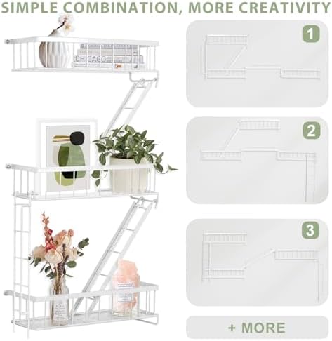 SweetSage Fire Escape Shelf - 3 Tier White Wall Display Floating Shelves, Metal Decorative Shelving for Bedroom, Home Dé