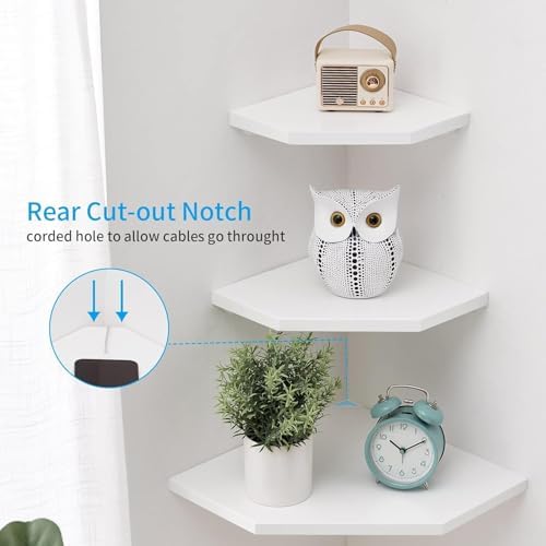 Corner Wall Shelves Set 2 Wire Hole Solid Oak Wood Display Shelf ,White