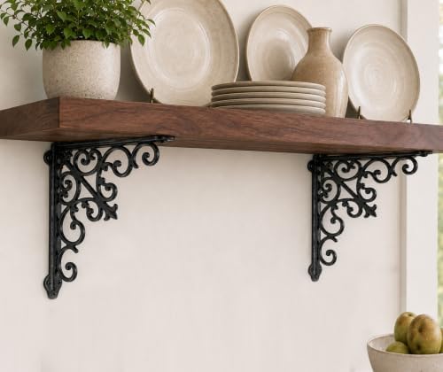 NACH Decorative Shelf Brackets, 2 Pack of 10.6 x 2 x 10.6 inch, Black Cast Iron Wall Shelf Brackets - Decorative Bookshe