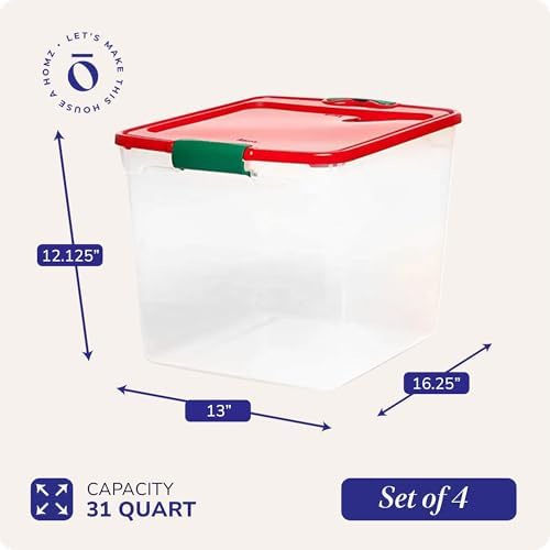 HOMZ Holiday Tote Plastic Storage Bin with Lid, 31 Qt, Clear/Red, 4 Pack