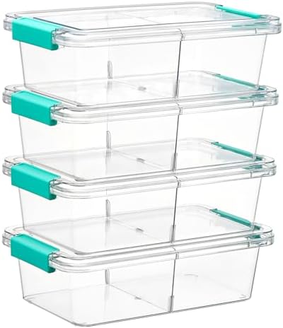 Vtopmart 4 Pack 1.5Qt Clear Pencil Box, Plastic Pencil Holder with Removable Divider for Pen Organizer, Small Stackable 
