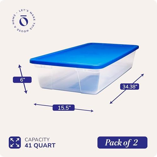 HOMZ 2-Pack Snaplock, Large Clear Plastic Storage Organizer Bins w/Lids, 41 Quart, Blue - Stackable Container Boxes for 