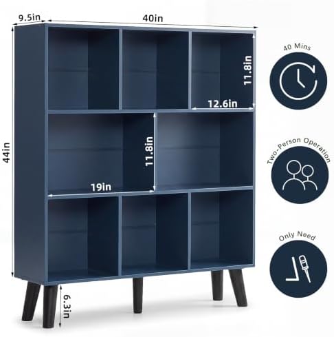 YAHARBO 8 Cube Bookshelf,3 Tier Bookcase with Legs,Dark Blue Mid-Century Modern Bookshelves,Large Free Standing Open Sto