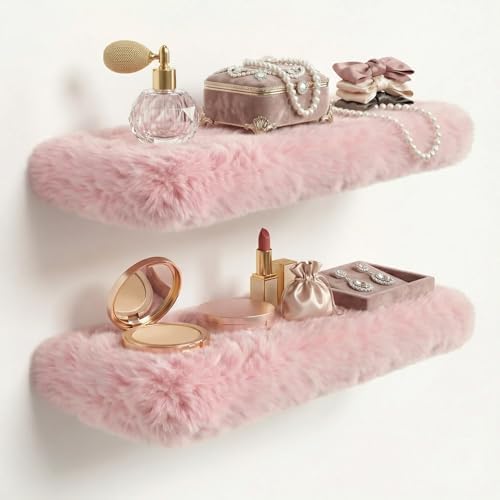 Furry Floating Shelves for Wall,2 Pack Wood Shelf with Plush Soft Shag Cover, Wall Mounted Shelves for Bedroom, Living R