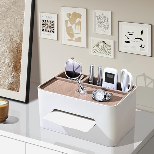 PU Leather Tissue Box Cover Rectangular with Storage Organizer, Multifunctional Remote Control Holder, Desk Organizer fo