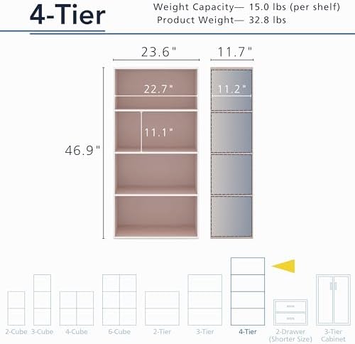 Homes: Inside + Out Apexa 4-Tier Cube Storage Organizer Shelves, Stackable Wood Bookcase Fits Cubby Bins for Organizatio