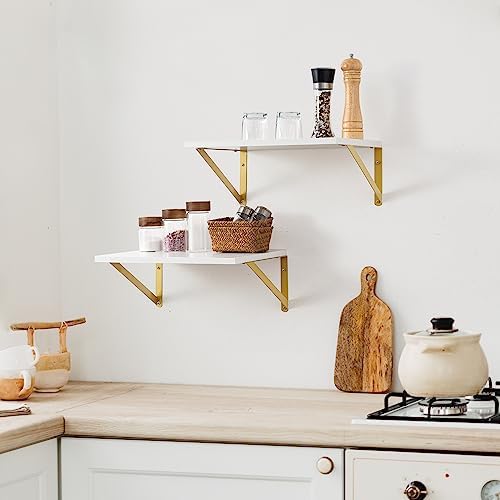 Axeman Deep Floating Shelves for Wall, 12 Inch Deep White and Gold Shelves Set of 2, 16W x 12D White Wood Wall Shelves w