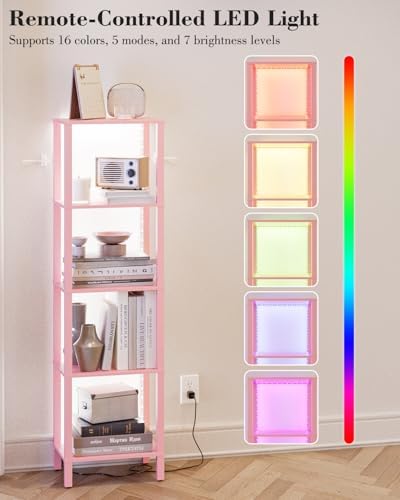 Open Book Shelf with LED Lights, 5 Tier Tall Bookshelf, Freestanding Shelf Narrow Bookcase with Open Shelves, 14.96" x 1