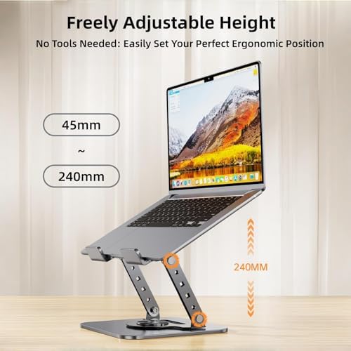 Laptop Stand for Desk, 360° Rotating Adjustable Metal Foldable Laptop Riser with Minimalist Vent Pattern, Ergonomic Comp