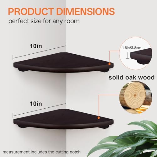 Gieanoo Floating Corner Shelves Set 2 10inch Walnut Solid Oak Rounded Corner Shelves Wall Mounted with Cable Hole Wood C