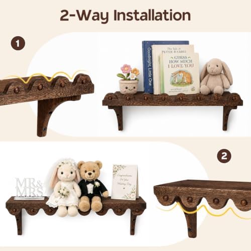 Scalloped Wood Wall Shelves, 17-Inch Wavy Rustic Floating Shelves, Set of 2