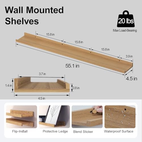 Oak Floating Shelves for Wall Decor, 56 in Shelf with Lip, 2 Set