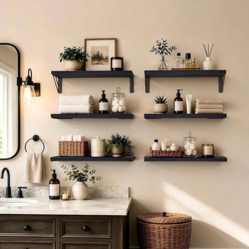 BAYKA Wall Mounted Black Floating Shelves for Wall (Set of 6, 16" Uniform)