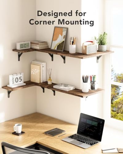 Amada Corner Floating Shelves, Paulownia Wood, Set of 4, Brown