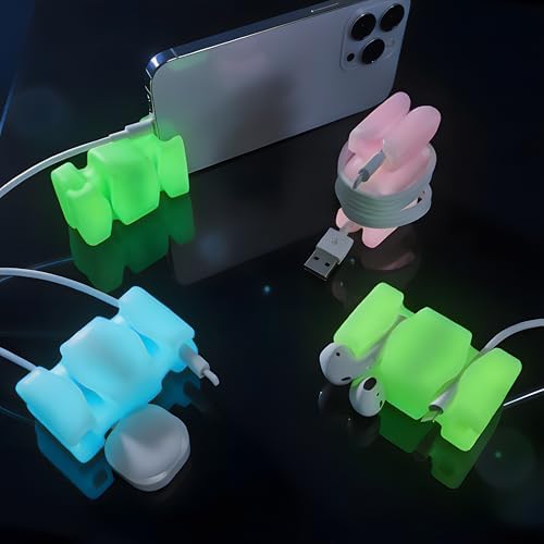 CordBrick 4PK Glowing Silicone + Steel Weighted Cable Holders for Nighstands, Cord Wraps for Travel, Unique iPhone Acces