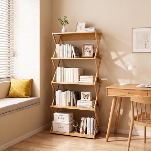 Aniston Bookshelf, 5 Tier Bamboo Bookcase with Back Panel, Standing Book Shelf for Small Space, Storage Shelves for Livi