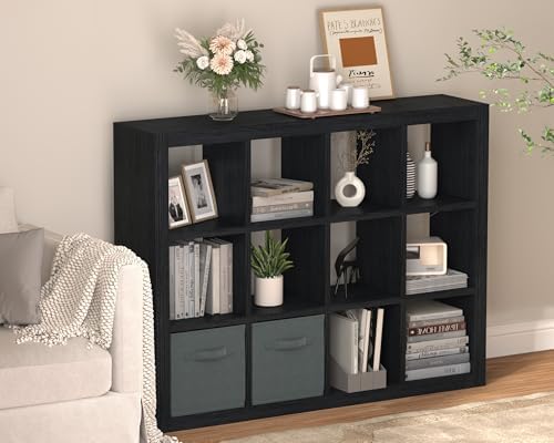 furtble Bookshelf with Storage Bin, 12-Cube Storage Organizer, Modern Wood Open Bookcase, Multifunctional Display Shelf 