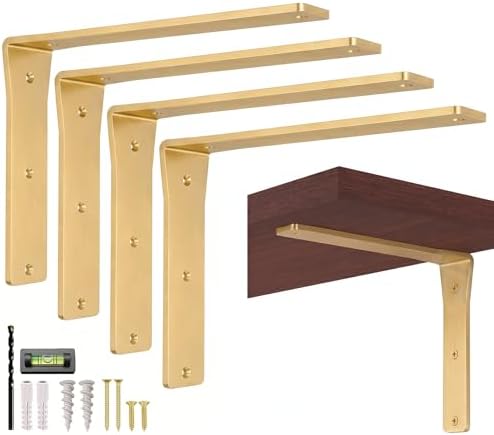 4 Pack Heavy Duty Brass Shelf Brackets 12 Inch by Balin Designs – Decorative L Bracket for Shelves, Metal Shelf Support 