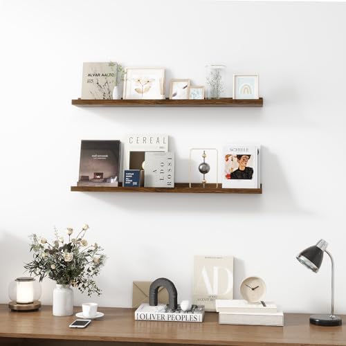 Acovy Picture Ledge Shelf, Wood Floating Shelves, 36 inch, Walnut, Set of 2