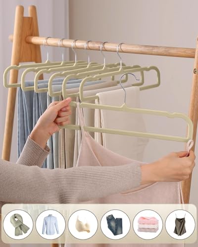 Velvet Hangers Non Slip - 20 Pack Pants Hangers for Closet - Thin Space Saving Clothes Hanger - Strong, Durable, Jean Perchas with 360 Degree Rotatable Hook for Tank Top (Beige Silver Hook)