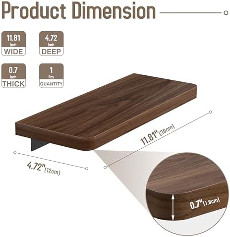 Danpoo 12 inch Solid Walnut Floating Shelf - Versatile Wall Shelf for Kitchen, Bathroom, Office, Displaying Books, Decor