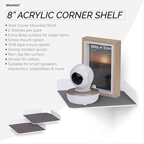 BRAINWAVZ 2-Pack 8” Corner Floating Shelf for Speakers, Books, Decor, Plants, Cameras, Photos, Kitchen, Bathroom, Router