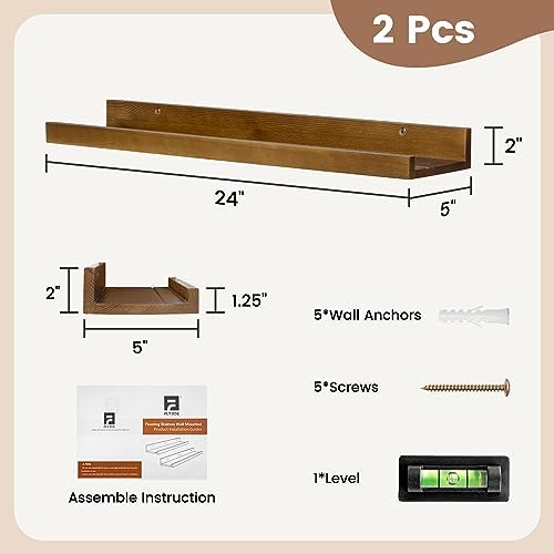 FLYJOE Picture Ledge Wall Shelves 24 inch Width Set of 2, Solid Pine Wood Rustic Floating Ledge Shelves for Wall for Kids' Room Bedroom Kitchen Bathroom Living Room Nursery Display Wall Decor, Walnut