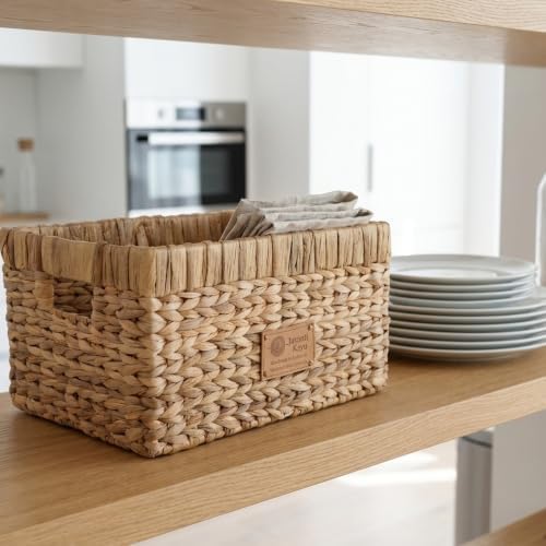 Handmade Water Hyacinth Wicker Storage Basket with Handles – Rectangle Organizer Bin for Shelves, Blanket, Bathroom, Clo