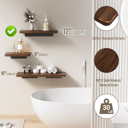 Danpoo 12 inch Solid Walnut Floating Shelf - Versatile Wall Shelf for Kitchen, Bathroom, Office, Displaying Books, Decor