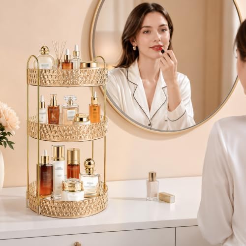 Large Capacity Rotating Makeup Organizer Perfume Stand Holder, 3 Tier Gold