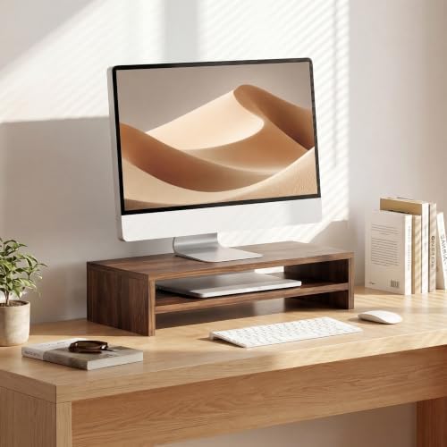 FITUEYES Wooden Monitor Stand Riser, 2-Tier Desk Storage Shelf, Brown