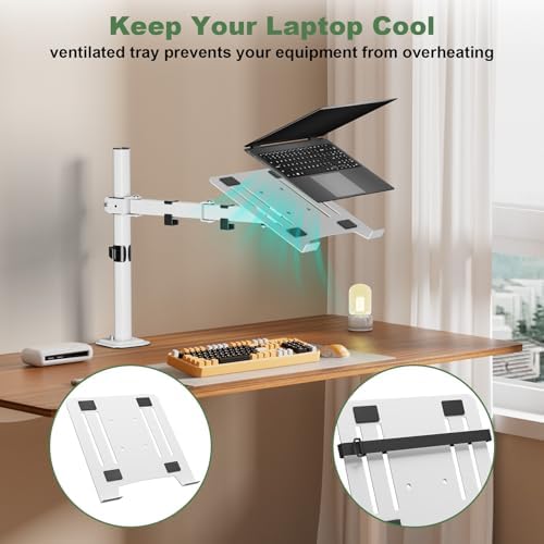 UPGRAVITY White Laptop Desk Mount with Vented Tray for Notebook up to 17 inch, Fully Adjustable Single Laptop Arm Stand 