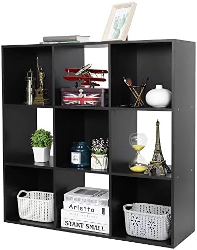 SUPER DEAL 9 Cube Open Shelf Bookcase 3 Tier Bookshelf Wood Cabinet Storage Organizer Display Shelves with 5 Removable B