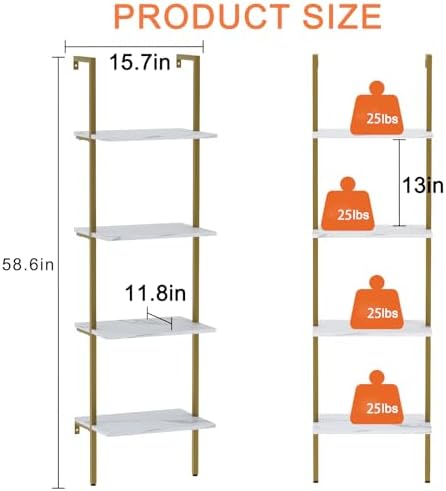 Wolawu Ladder Shelf 4 Tiers Metal Industrial Bookshelf,White Marble Wood Tall Open Storage Rack and Display Shelves,Wall