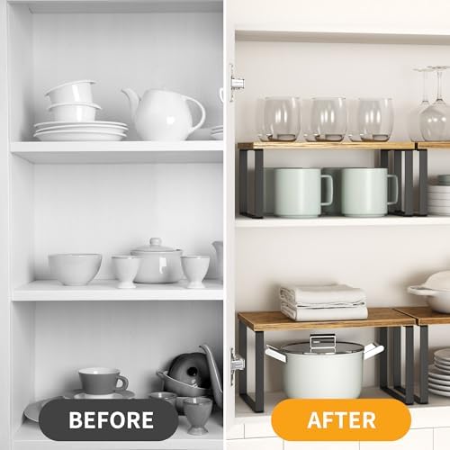 Kitchen Cabinet Organizer Shelf Set of 4, Sturdy Kitchen Counter Shelves with Metal Legs, Stackable Expandable Wood Spic