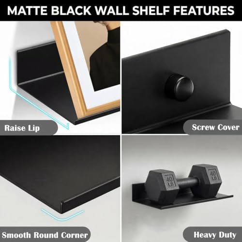 Z metnal Bathroom Shelf, Small Floating Wall Shelves, Decorative Ledge Shelf, Aluminum, Wall Mounted, Matt Black, 16/12/