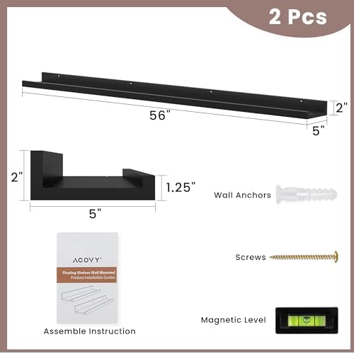 Acovy Long Floating Shelves for Wall, 55 inch Solid Wood Picture Ledge Shelf, Picture Shelf for Wall with Ledge, Floating Book Shelves for Living Room Bedroom Kitchen Nursery Decor, Black, Set of 2