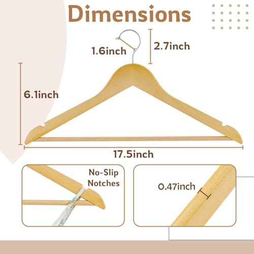 Wooden Hangers, 30 Pack Slim Wood Coat Hangers with Extra Smooth Finish, Precisely Cut Notches and Chrome Swivel Hook, Wooden Clothes Hangers for Shirt Suit Jacket Dress, Natural