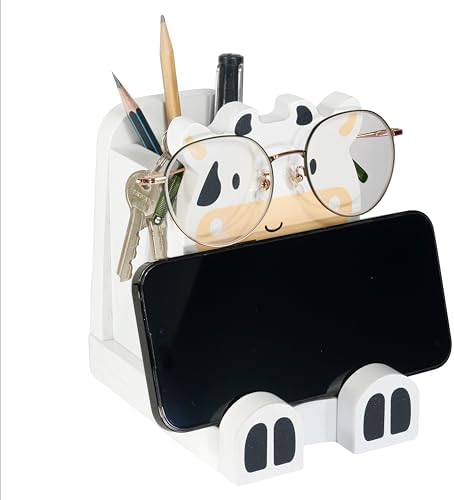 I'm Solid Wood Multipurpose Eyeglass Phone Pen & Pencil Holder Stand Stationery Desk Box Organizer Accessories Decor, Cute Farm Animal for Home Office Desktop Decor Birthday Graduation Gifts (Cow)
