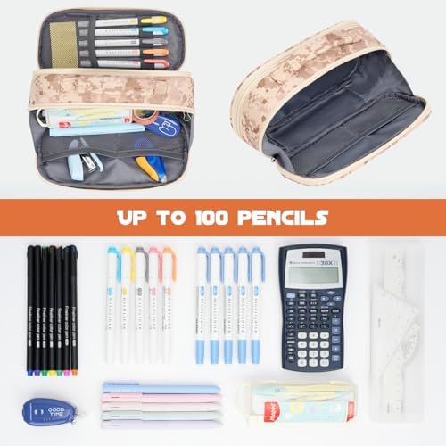ECHSRT Large Tactical Pencil Case, 3-Compartment Zipper Pouch, Desert Camo