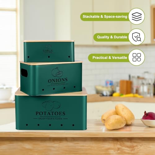 Kitchen Vegetable Storage Set of 3, Metal Onion Garlic Potato Storage Set, Kitchen Canisters Vegetable Keeper Containers