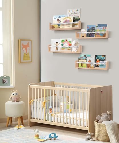 Nursery Shelves Set of 4,White Floating Book Shelves for Wall,Nursery Book Shelves for Kids Room,Kids Bookshelf (Set of 