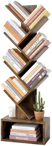 Hoctieon 6 Tier Tree Bookshelf, Tall Bookcase with Drawer, Freestanding Book Shelf, Display Floor Standing Storage Shelf