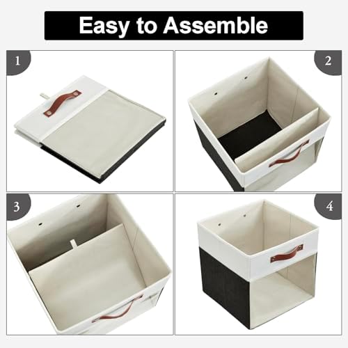 Bagnizer Storage Cubes, 4 Pack Linen Foldable Storage Bins with Clear Window and 2 Handles, 13x15x13 Storage Cube Bins for Shelf Closet, Kallax, Clothes, Books - (Black / Off-White)