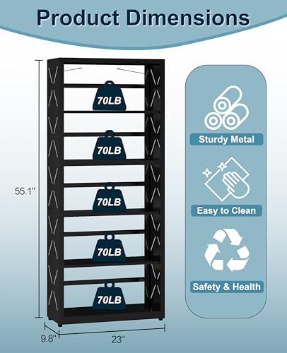 5-Tier Tall Book Shelf, Metal Bookcase with Adjustable Shelves