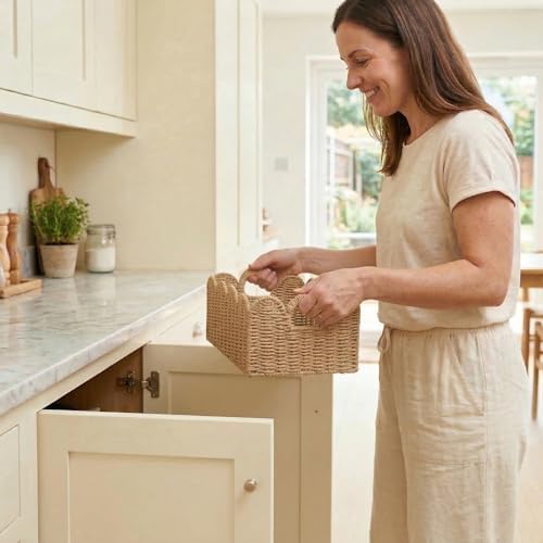 Scalloped Wicker Baskets Set of 3, Hand-Woven Storage with Handles