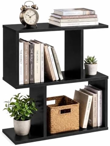 GIANTEX 3-Tier Geometric Bookshelf, Wood S-Shape Bookcase, Black