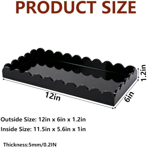 Black Scalloped Acrylic Tray 5mm Thicken for Vanity Makeup,Perfume,Soap Dispenser, Napkin,12x6 Decorative Serving Tray f
